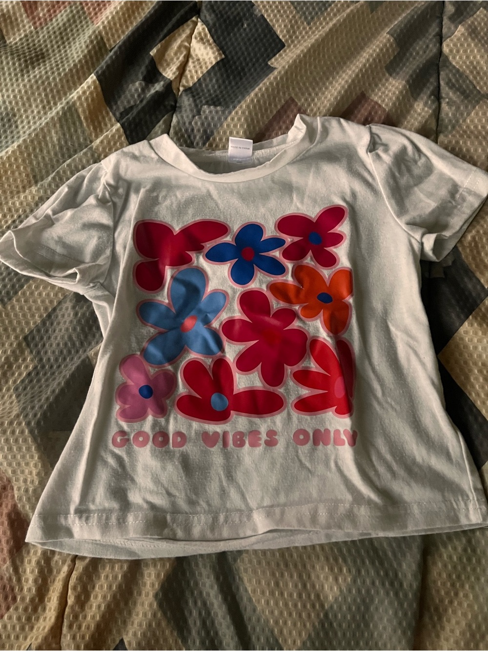 White Kids Short Sleeve Tee with Pink & Blue Floral Graphic